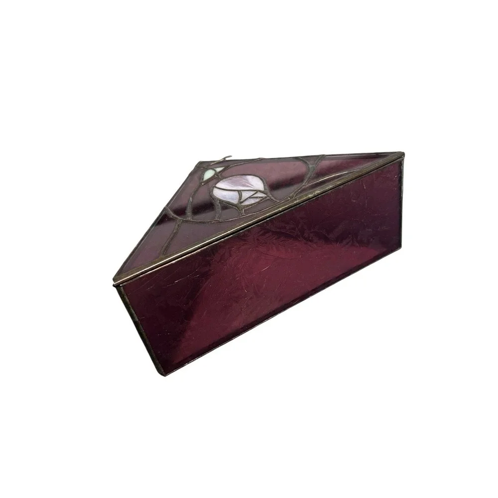 Handmade Stained Glass Rose Jewelry Box Purple Amethyst Triangle Trinket Box